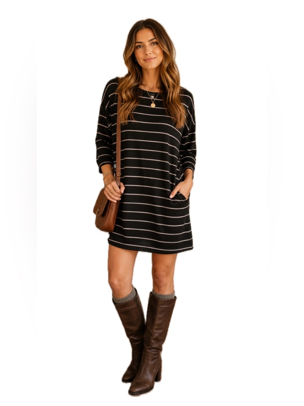 Chico’s Striped Long Sleeve Tunic Mini Dress 
Size 1 / M Black Blush